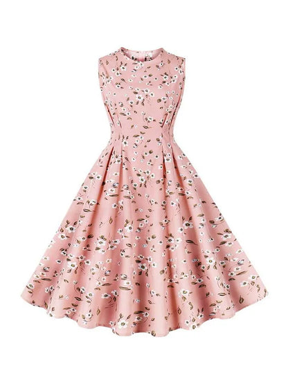 Floral Print Summer Dress Women Elegant Retro Sleeveless Vacation Beach Dress 50S Party Vestidos