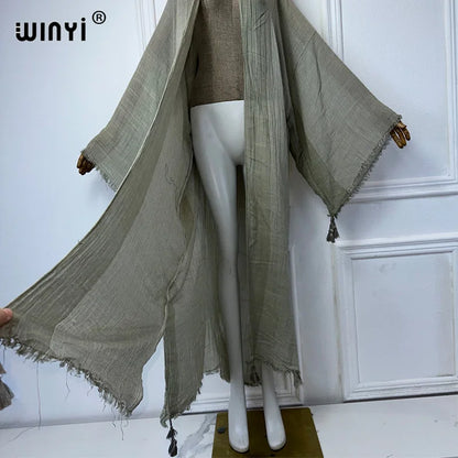 WINYI kimono Make an old fringed cardigan abaya dubai luxury Elegant beach outfits for women sexy cotton feeling dress kaftan