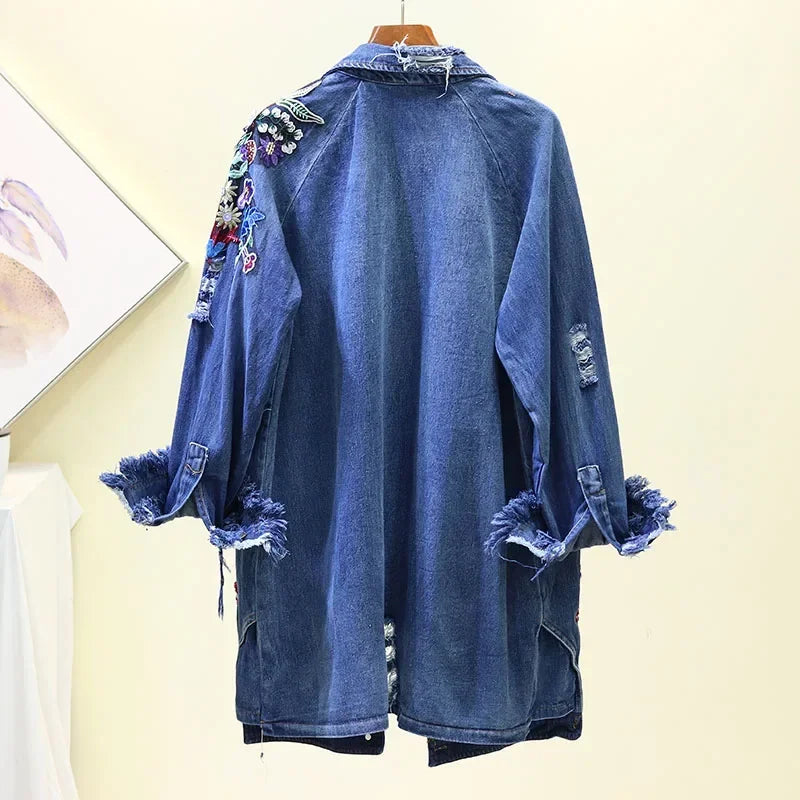 Spring Autumn Loose Vintage Flower Embroidered Denim Jacket Women Single-breasted Casual Raw Fringe Hole Jeans Jackets Female
