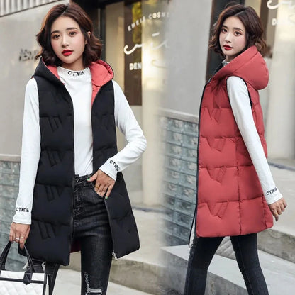 Double Side Vest Korean Slim Hooded Down Cotton Vest Women Waistcoat Sleeveless Jacket 2022 Autumn Winter Jacket Female Coat