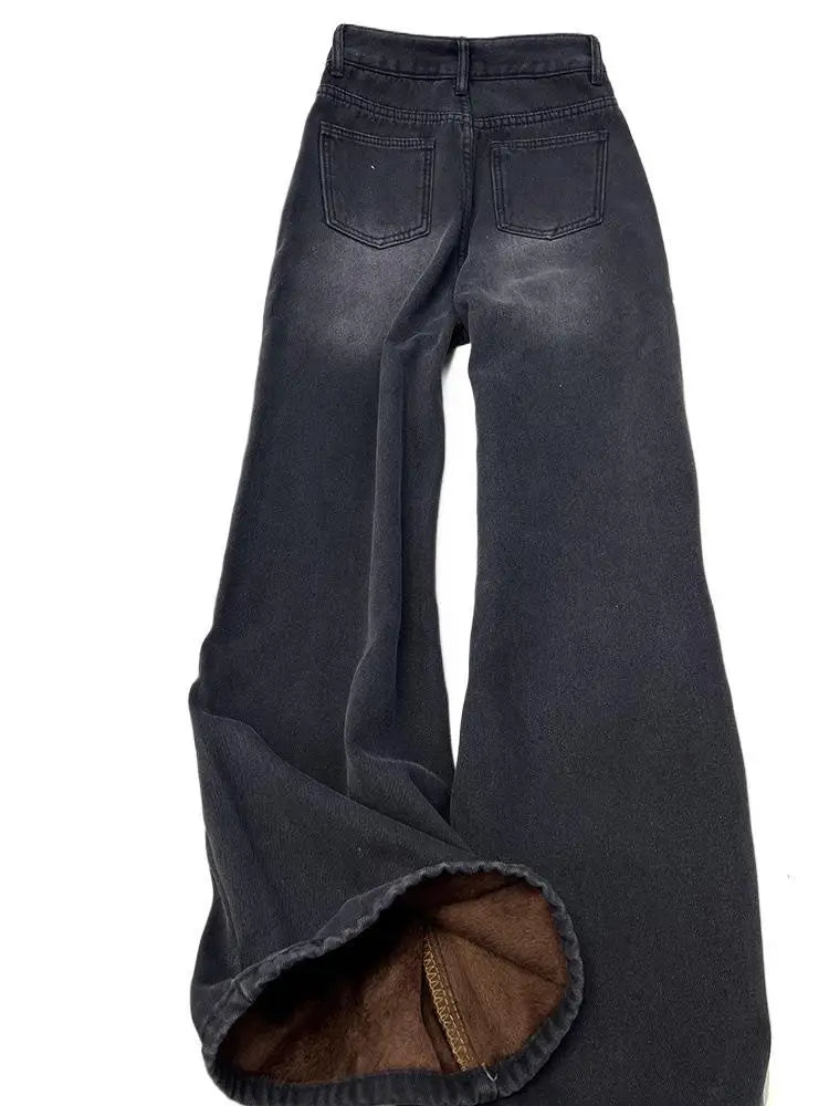 American High Street INS Trendy Wide Leg Jeans for Women Autumn Winter Plus Velvet Thick High Waist Loose Narrow Straight Pants
