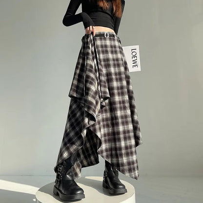 Long Skirts Women Woolen Skirt 2025 Goth Lolita Autumn Winter High Waist Ruffles Asymmetrical Plaid Skirt Maxi With Belt