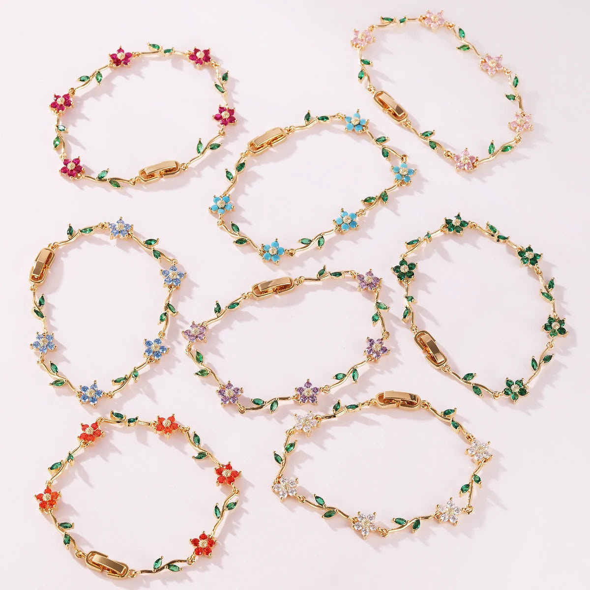Elegant Multiple Color Flower Charm Zircon Branch Leaf Bracelet Dopamine Niche Sense 18K Gold Plated Women's Bangle Gifts