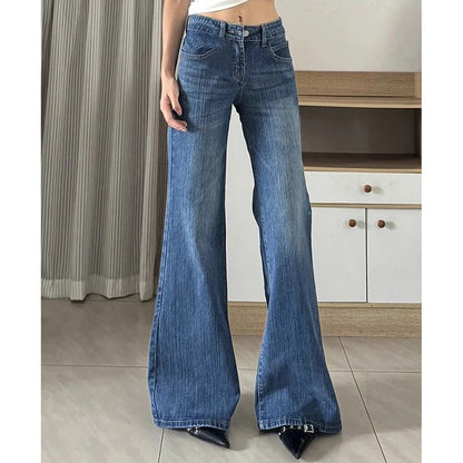 2025 Female Chic Low Waist Flare Jeans Women Retro Blue Slim Fit Bell Bottom Pants Lady Korean Fashion Denim Trousers