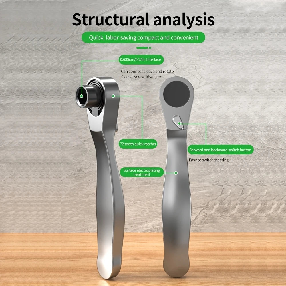 2 in 1 Mini Ratchet Wrench, Durable Chrome Vanadium Steel Wrench with 72 Teeth, 1/4 Inch Drive Socket, Quick Wrench, Hand Tool