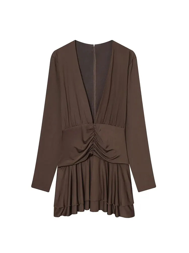TFAFXY Women's Fashion Dress 2025 Autumn New Solid Pleated Long Sleeves Dress Women Hight Street Party Dress