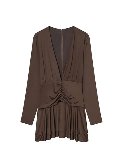 TFAFXY Women's Fashion Dress 2025 Autumn New Solid Pleated Long Sleeves Dress Women Hight Street Party Dress