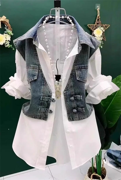 Cowboy Vest Patchwork Summer Shirt Fake Two-Piece Shirt Women's Cowboy VPolo Collar Denim Jacket Autumn Button Spring Shirt Lady