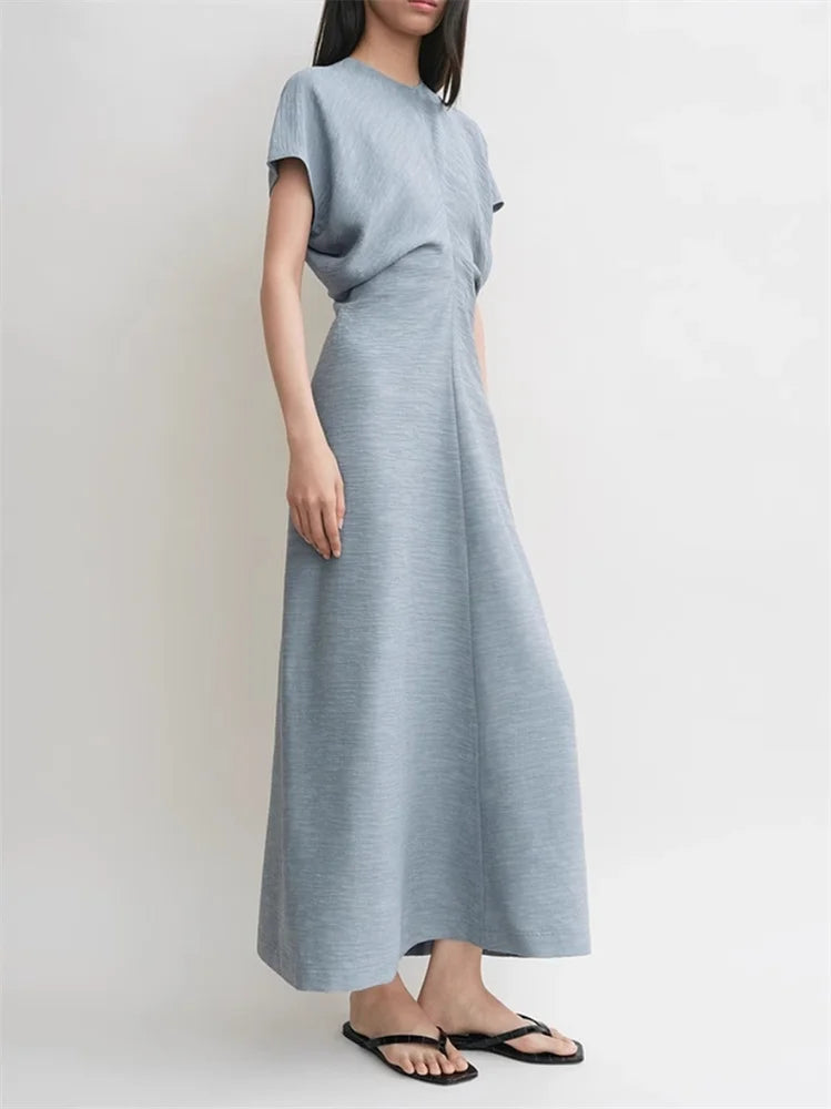 Women's Minimalist Mid-Calf Dress Round Neck Summer Ladies Zipper Draping Pleated Elegant Robe