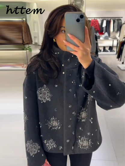 Street Women's Snowflake Beading Woolen Coat Elegant Stand Collar Zipper Full Sleeve Jacket 2024 Autumn Winter Lady Chic Outwear