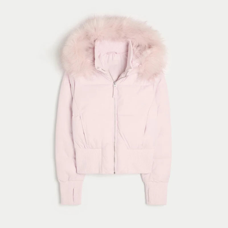 Vintage Women's Cropped Hooded Coats Fur Collar Full Sleeve Single Breasted Pocket Jacket 2025 Autumn Lady Y2K Warm Outwears New