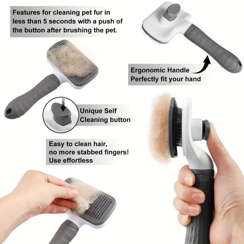 Dual-Use Dog Cat Grooming Brush 20×10×5.5cm, Self-Cleaning Slicker Comb with Round-Tip Bent Needles, Ergonomic Handle for Pet Ha