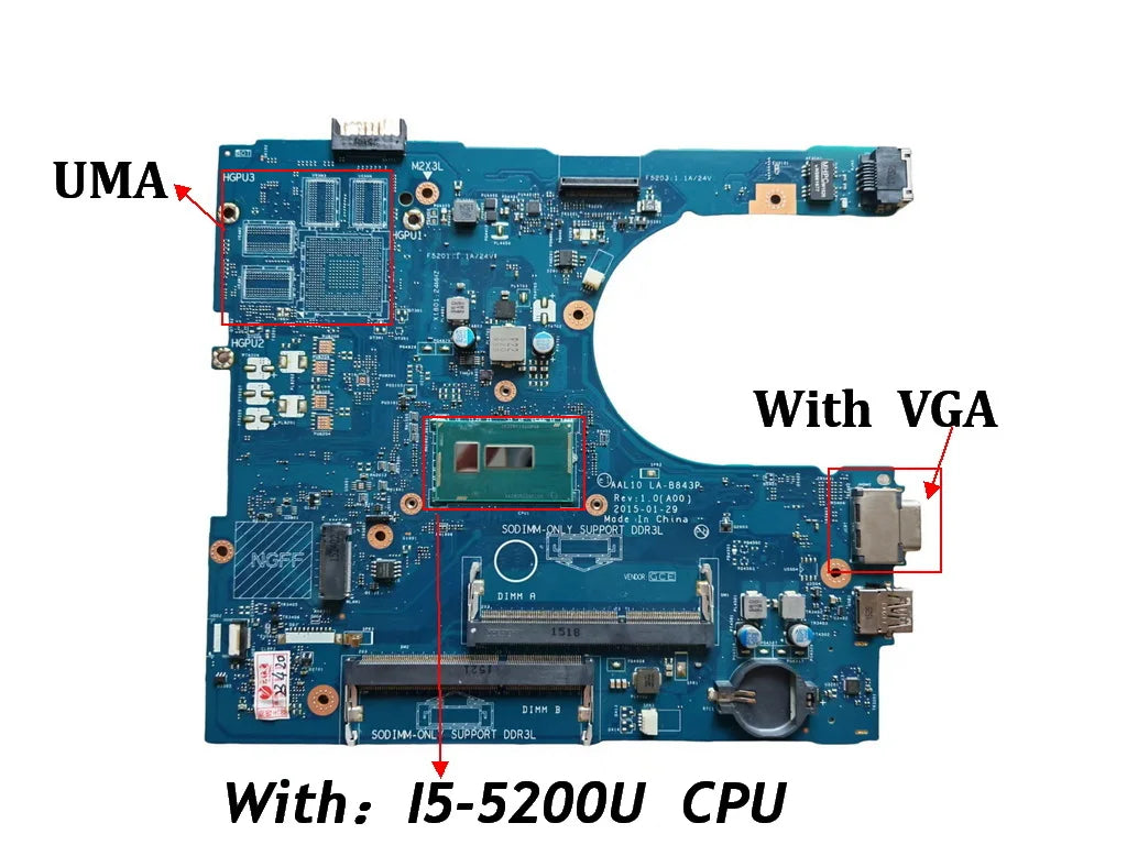 AAL10 LA-B843P For Dell inspiron 14 5458 15 5558 17 5758 Laptop Motherboard With i3 i5 i7 CPU UMA  920M GPU DDR3L TESTED GOOD