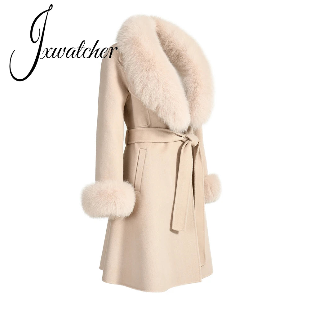Jxwatcher Winter Cashmere Coat For Women Removable Natural Fox Fur Collar And Cuff Aautumn Ladies Fashion Streewear Long Outwear