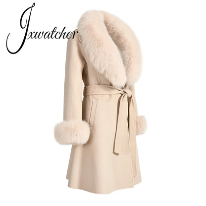 Jxwatcher Winter Cashmere Coat For Women Removable Natural Fox Fur Collar And Cuff Aautumn Ladies Fashion Streewear Long Outwear