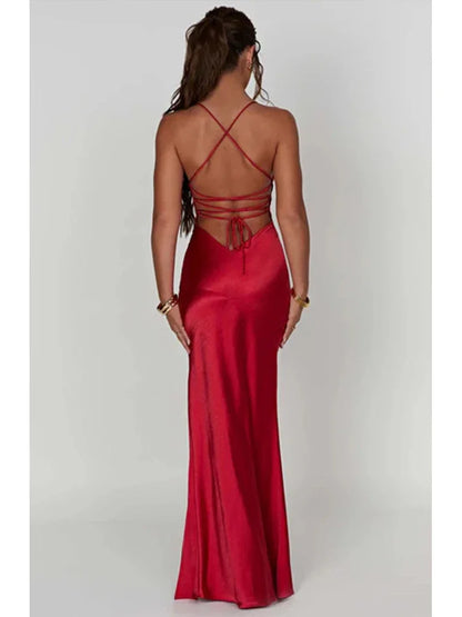 Bandage Backless Elegant Dress Split Hem Spaghetti Strap Slim Cocktail Party Club Fashion Satin Solid Lace-Up Long Dresses