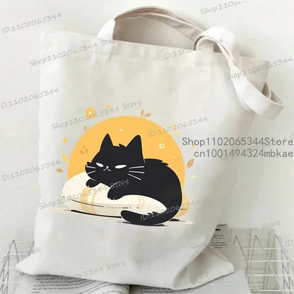 Kawaii Black Cat Graphic Handbags for Women Japanese Style Canvas Tote Bag Cartoon Fashion Shoulder Bag for Women Kitten Bag
