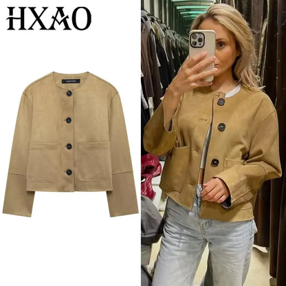 HXAO Suede Jacket Women Spring Outerwears 2025 New In Coats & Jackets Crop O-Neck Button Long Sleeve Coats Chic Elegant Jackets