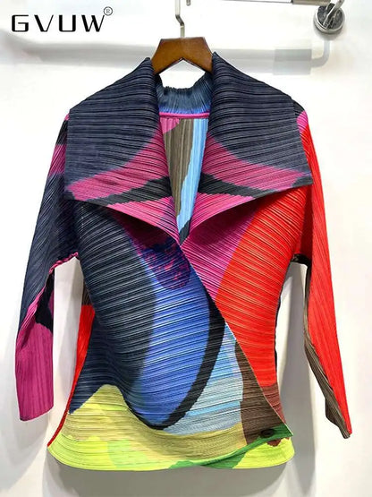 GVUW Pleated Color Block Jacket Coat Women's 2025  Autumn Lapel Long Sleeve Single Button Loose Female Fashion Top 17D1331