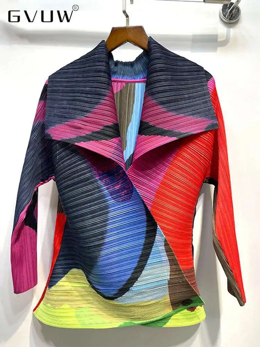 GVUW Pleated Color Block Jacket Coat Women's 2025  Autumn Lapel Long Sleeve Single Button Loose Female Fashion Top 17D1331