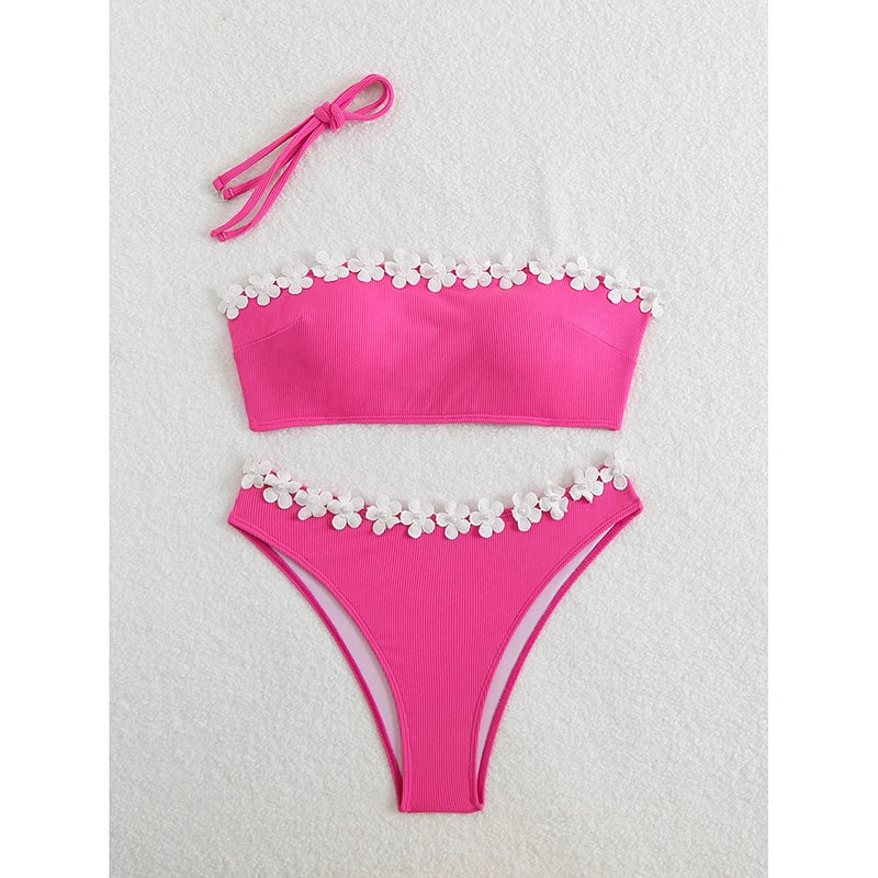 Sexy Solid Floral Strapless Bikini 2 Piece Set Women Split Swimsuit Beach Bikinis 2025 New Summer Swimwear Bikinis Set