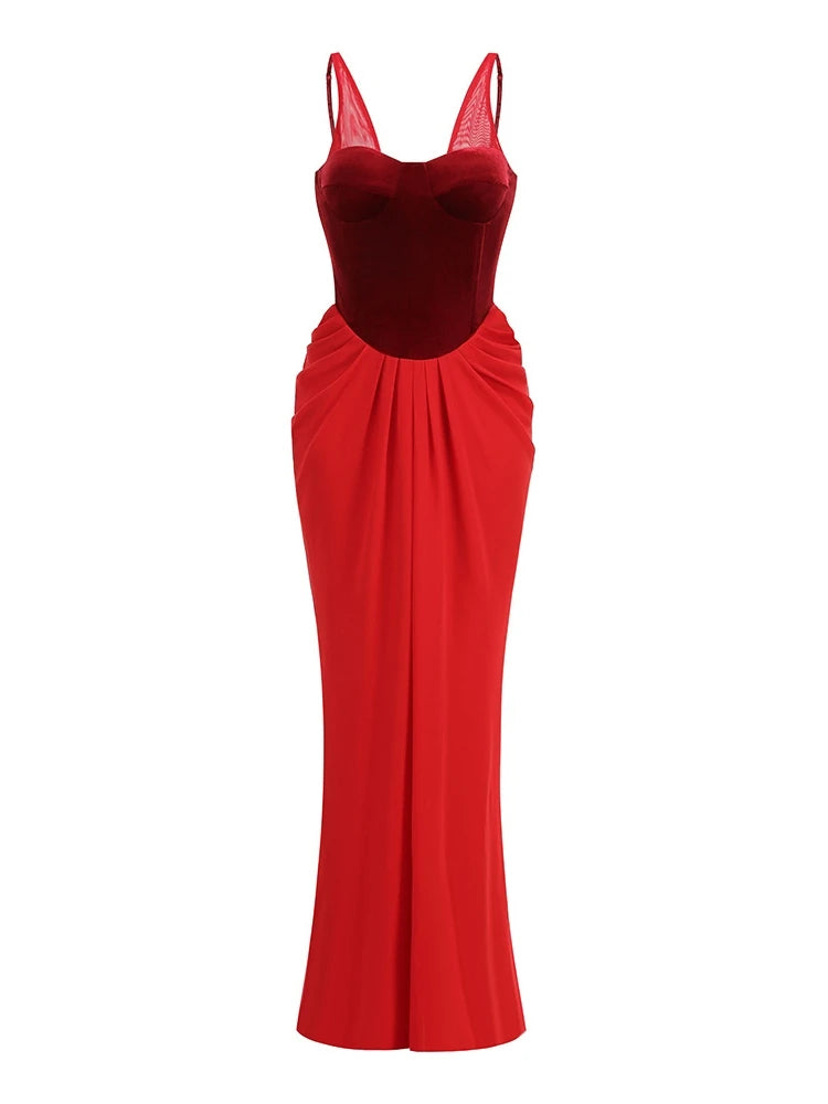 New Sexy Mesh Straps Velvet Corset Patchwork Long Dress Women Sleeveless Backless Folds Slim Dresses Elegant Evening Party Gowns