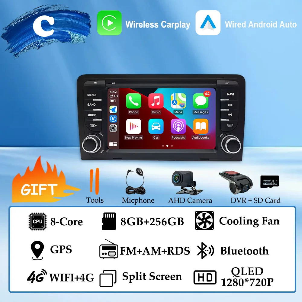 GPS Navigation 7 inch 4G Wifi Car Radio Android 16 for Audi A3 8P 2003-2011 S3 RS3 Sportback CarPlay Multimedia Player Video DSP