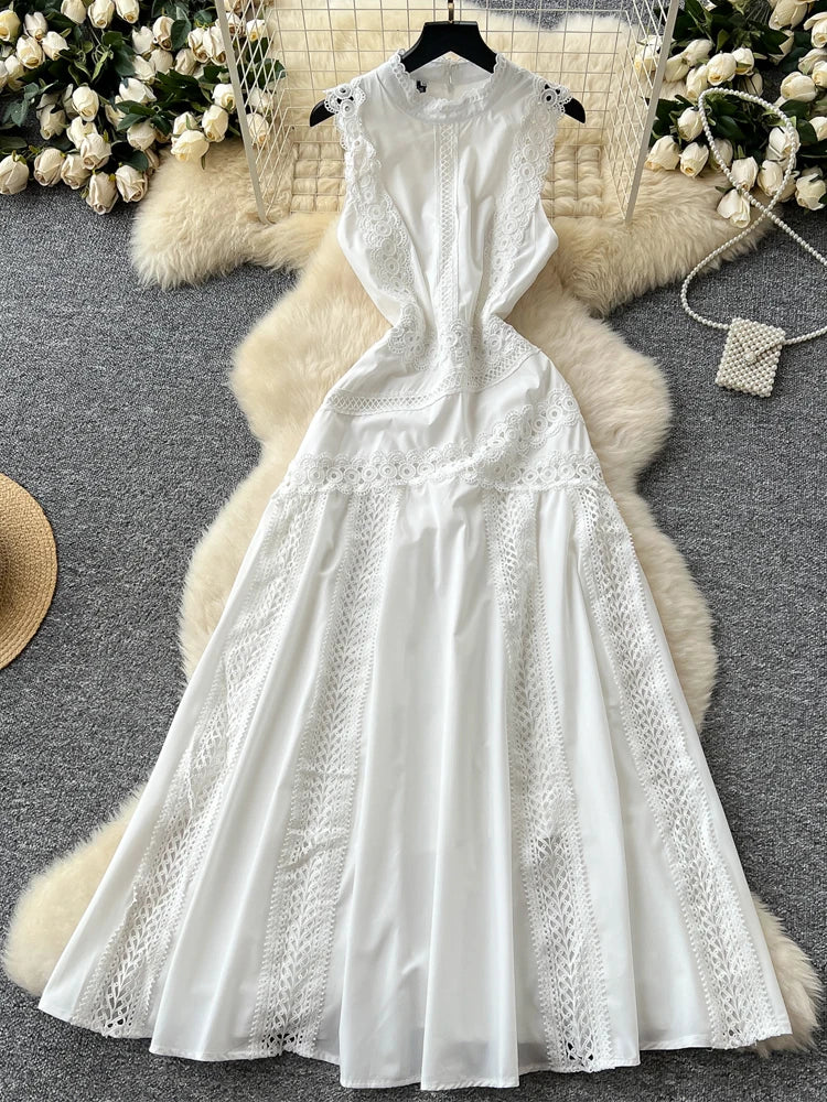 Elegant Women's Sleeveless midi dress Slim 2025 Summer Sky blue Lace patchwork dresses Luxury Black White Vestidos INKEO 5D069