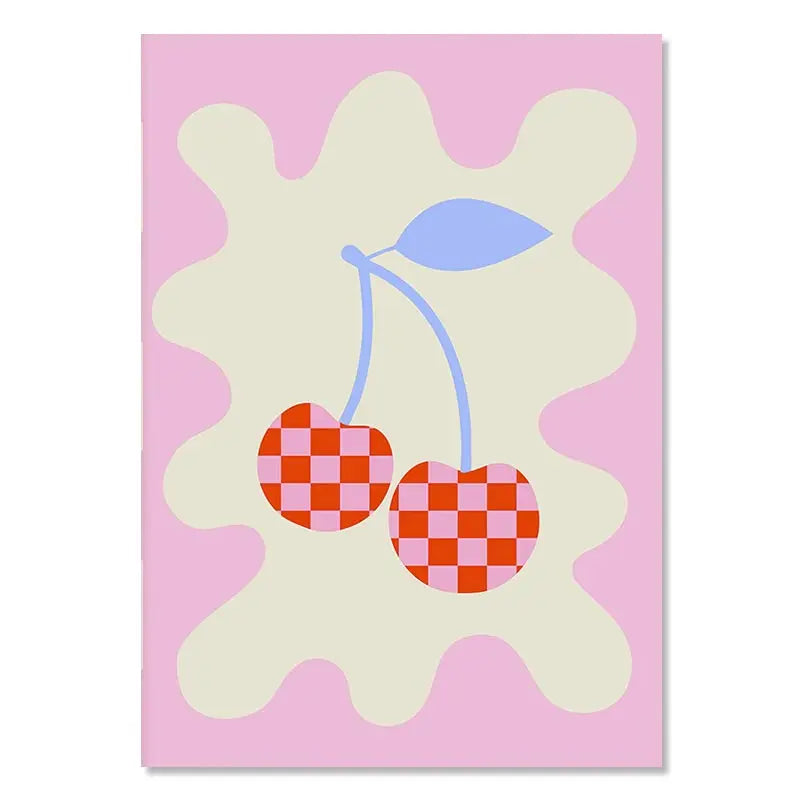 Colorful Danish Pastel Canvas Painting Aesthetic Poster Cherry Plaid Smiley Flower Butterfly Print Wall Art Nursery Home Decor
