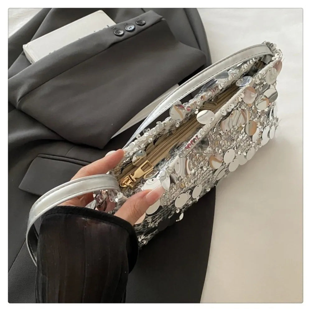 Fashion Lightweight Sequin Shoulder Bags Solid Color Large Capacity Underarm Bag Evening Party Tote Bag Women