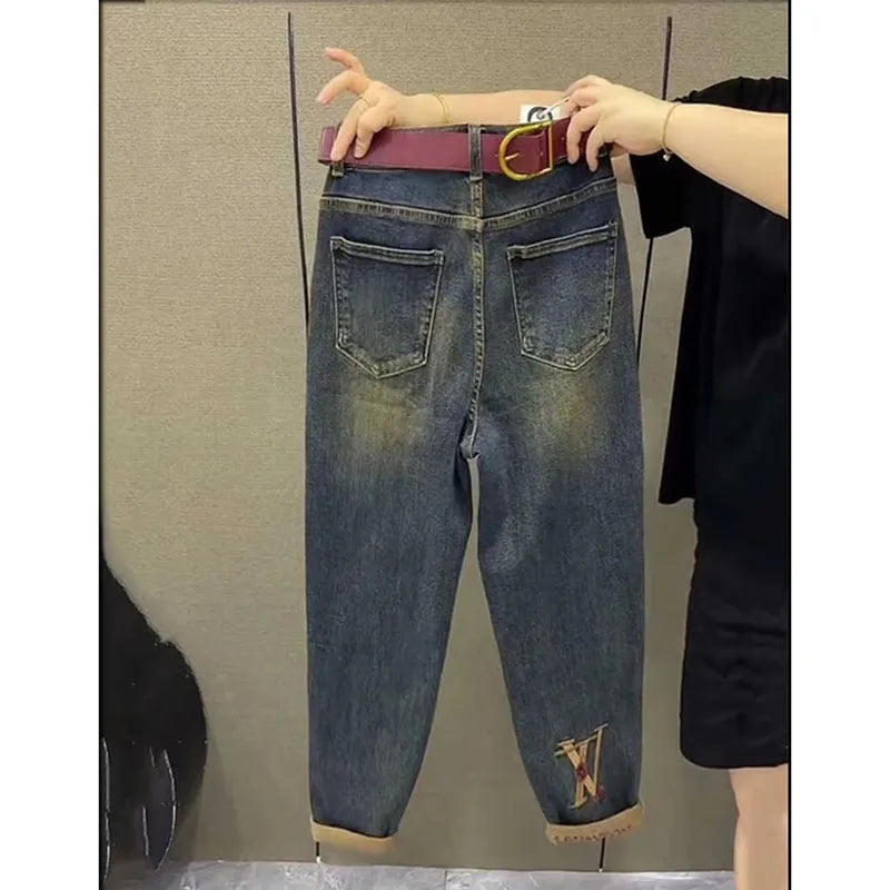 2025 NEW Spring Autumn Embroidery High Waist Straight Jeans Loose Fit Stretch Haren Denim Pants Ladies Ankle-Length Jeans Pants