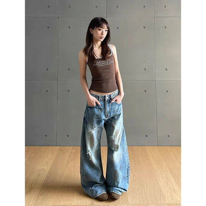 2025 Spring American Vintage Y2K 2000s Washed Do Old Blue Baggy Ripped Jeans Women's Loose Wide Leg Cargo Casual Denim Pants