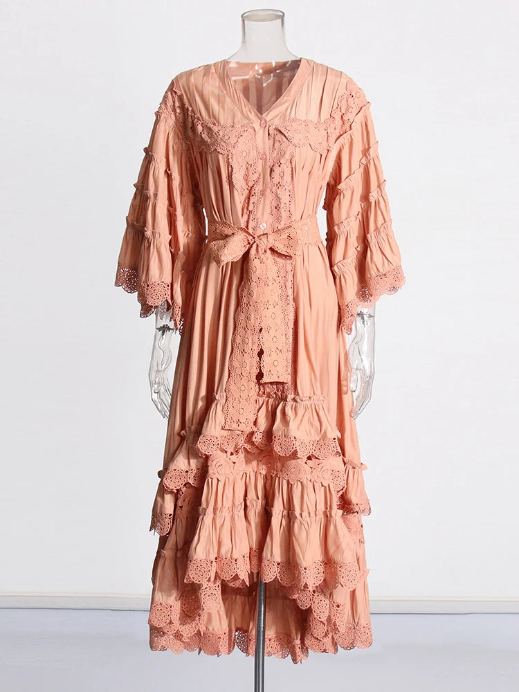 CHICEVER Vintage Solid Dresses For Women V Neck Half Sleeve High Waist Spliced Lace Up Folds Loose Hollow Out Midi Dress Female