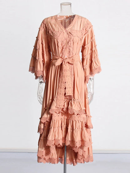 CHICEVER Vintage Solid Dresses For Women V Neck Half Sleeve High Waist Spliced Lace Up Folds Loose Hollow Out Midi Dress Female