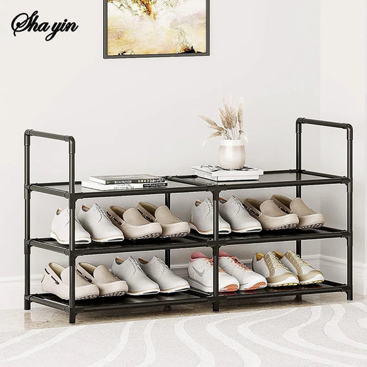 Shoe Rack 3 Tier Long Storage Organizer Wide Metal Shoe Shelf for Closet Entryway Black Dustproof Storage Rack, Dormitory Iron S