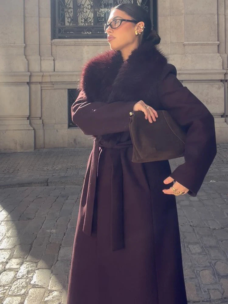 Fur Collar Patchwork V-neck Woolen Overcoat Women long Sleeve Waist Cinched Lace Up Coats Lady Party Daily Outdoor Casual Attire