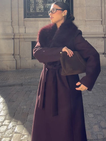 Fur Collar Patchwork V-neck Woolen Overcoat Women long Sleeve Waist Cinched Lace Up Coats Lady Party Daily Outdoor Casual Attire