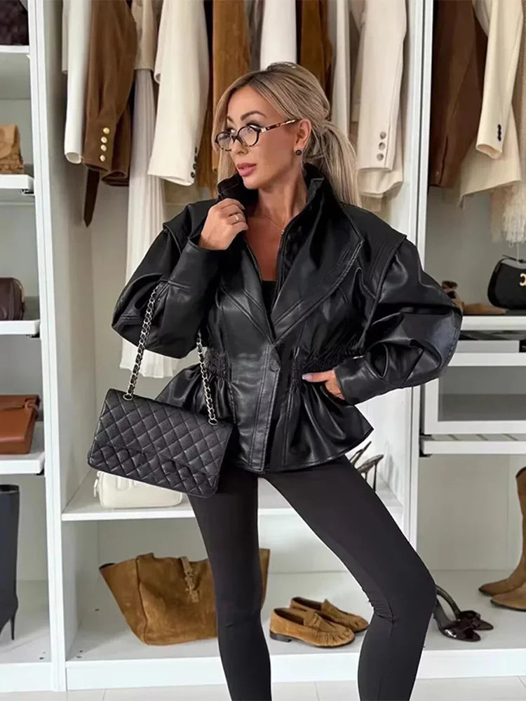 Women's Jacket Coat Elastic Waistband Leather Turn-Down Collar Solid Female Jacket Oversized Street Autumn Short Coat For Ladies