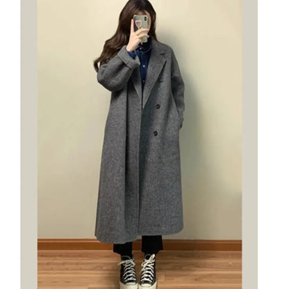 Grey Double-sided Cashmere Coat Women's 2025 Winter New Korean version Loose Thick Down Woolen Coats Solid Casual Long Overcoat