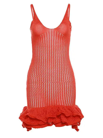 Open Knit Ruffle Hem Cami Mini Dress Crochet Knit Dresses Sleeveless Cover Up Dress Summer Party Female Soild Crochet Dress
