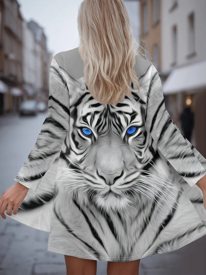 Women's Winter Jacket with 3D Tiger and Lion Animal Prints, Front-Opening Loose Fit Cape, Casual Polyester Women's Clothing