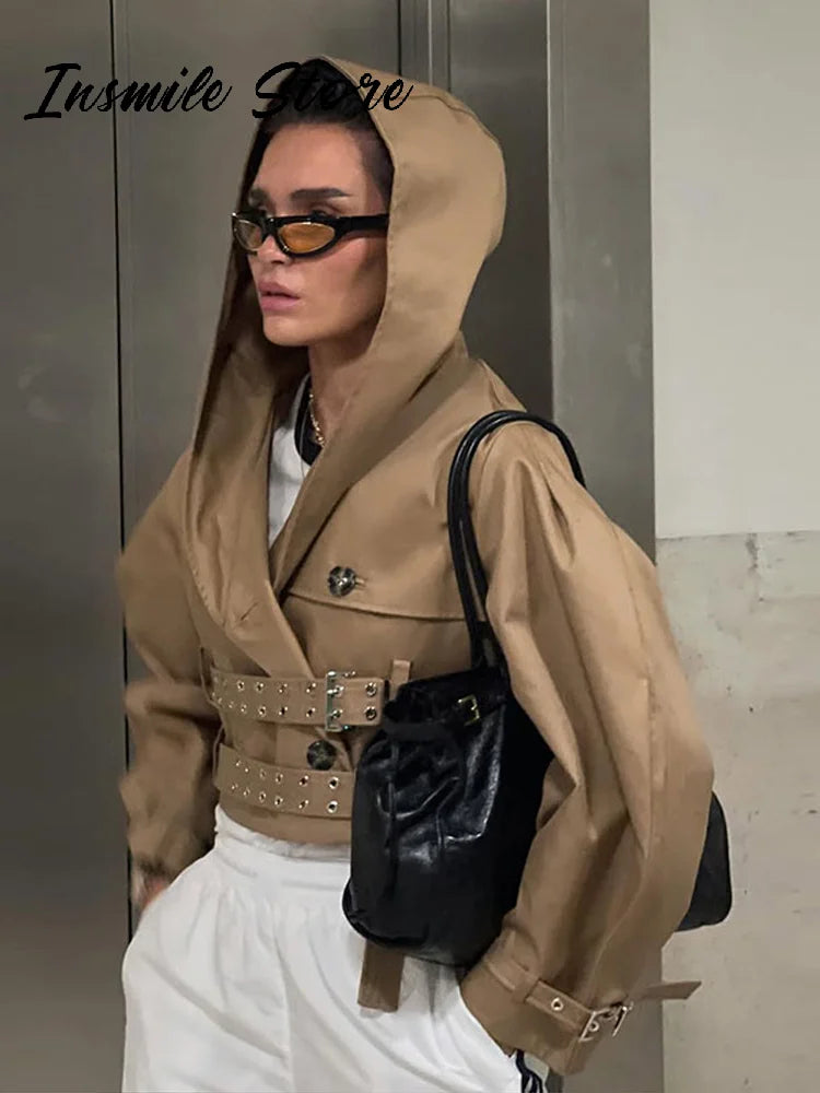 Street Hooded Double-buckle Belt Short Jacket Double Breasted Long Puff Sleeves Khaki Coat 2025 Autumn Lady Chic Outwear New