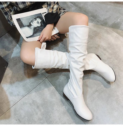 Shoes For Women  Knee High Boots Red Black White Tall Boots Woman Pleated Low Heel Casual Leather Female Long Shoes