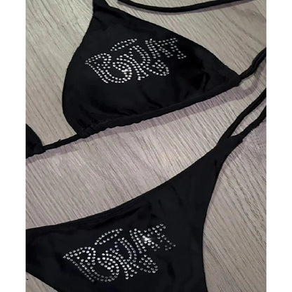 Vintage Spliced Diamond Bikini Set Swimwear Women Sexy Triangle Lace Up Micro Bikini Summer 2025 New Swimsuit Bikini Two Piece