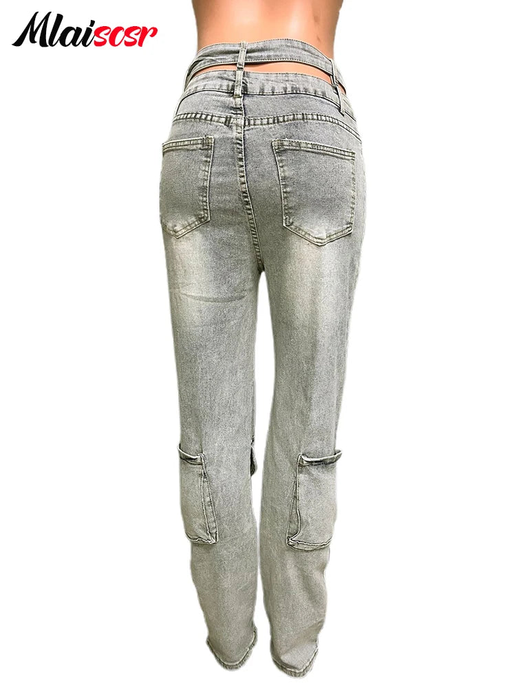Mlaiscsr Vintage Stretch Denim Pants Women Buttons Pocket Patchwork High Waist Cargo Jeans Autumn Winter Bottoms Y2K Streetwear
