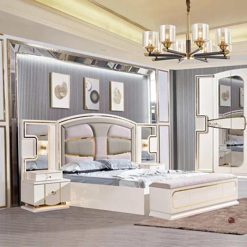 A Modern White Luxury King Size Leather Bedroom Bed Double Home Master Room Queen Wooden Full Mdf Bedroom Sets Furniture