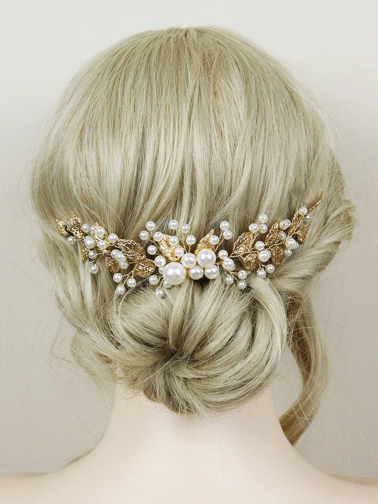 Golden Leaf Pearls Headband Handmade Bride Headdress Vintage 90s Elegant Women Headpieces for Party Wedding Hair Accessories