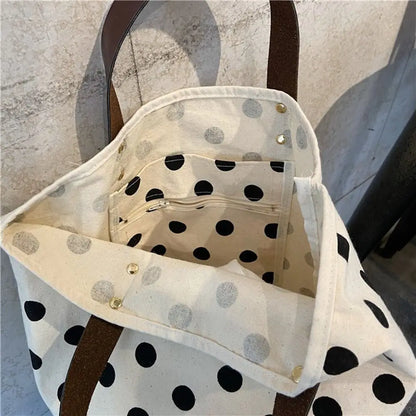 Simple Wave Point Polka Dot Canvas Bucket Bag Korean Style Large Capacity Handbag Lunch Bag Tote Bag Mummy Bag Shopping Bags