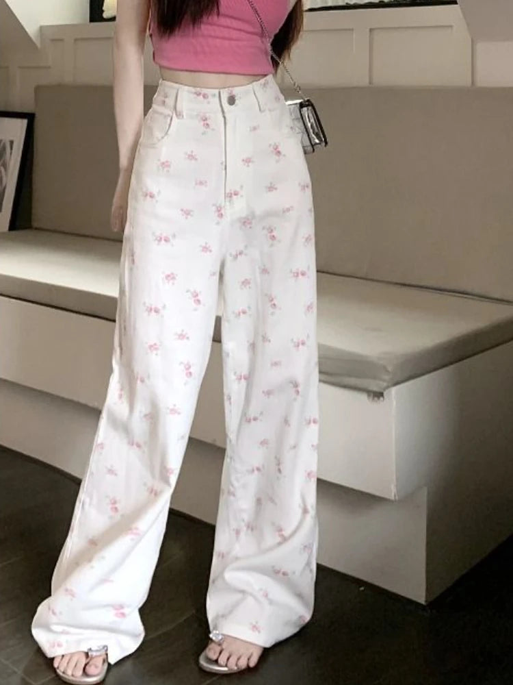 White Floral Jeans for Women Simple High Waist Y2k Cute Youth Spring Autumn Popular Holiday Loose Basic Chic Aesthetic Mopping