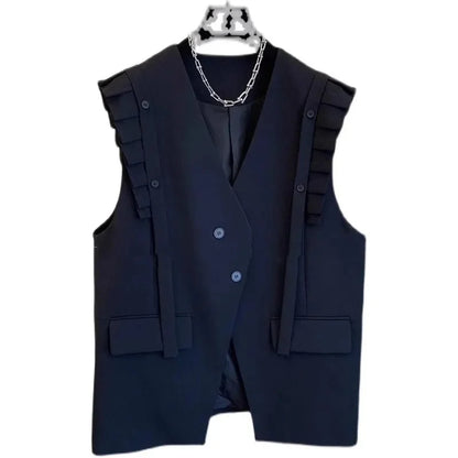 New Vest Coat Female Spring Autumn Temperament Wood Ear Splicing Suit Sleeveless Jacket Women Loose Casual Waistcoat Tops Ladies